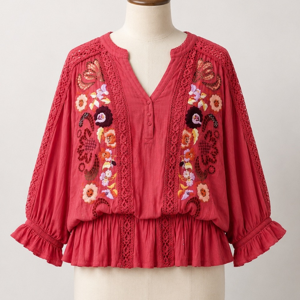 Free People XS Sangria Coral Embroidered Boho Peasant Blouse Balloon Sleeve NWT